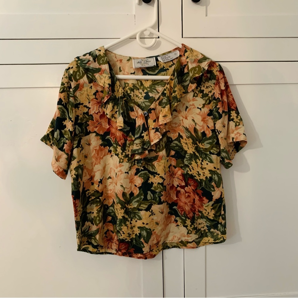 Vintage Just Class Rayon Floral Ruffle Shirt Size Small